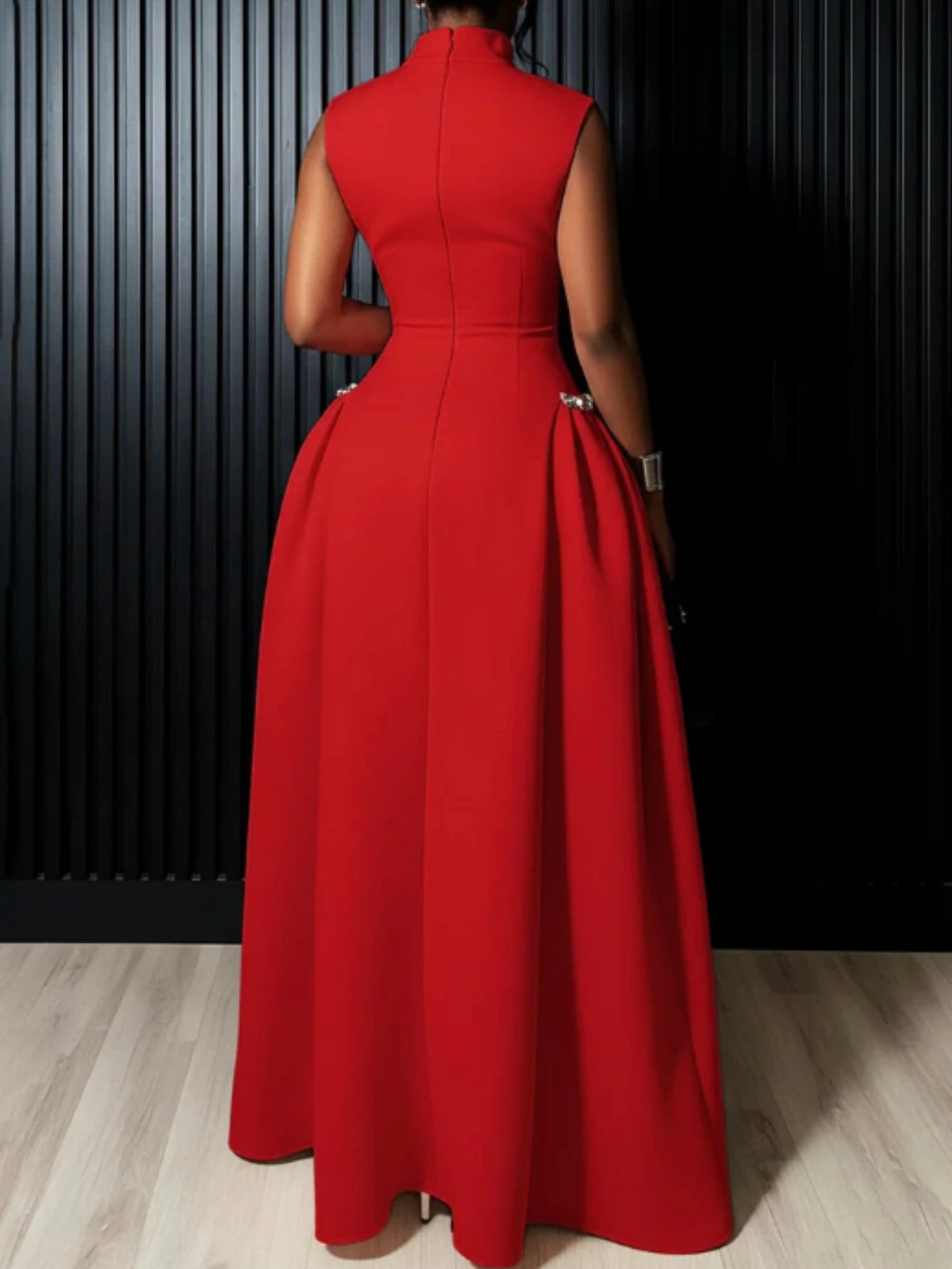 Women High Neck Sleeveless Fitted Polyester Floor Length Maxi Dress