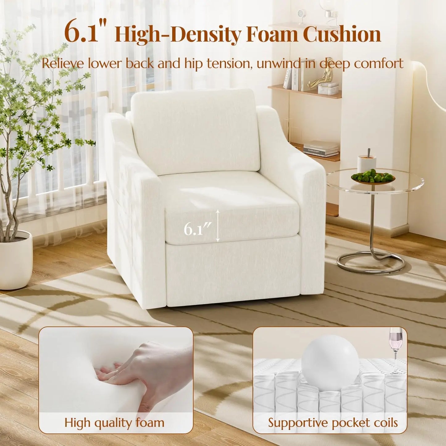 Pair of white 360-degree swivel upholstered armchairs with cushioned seats in a modern living room.