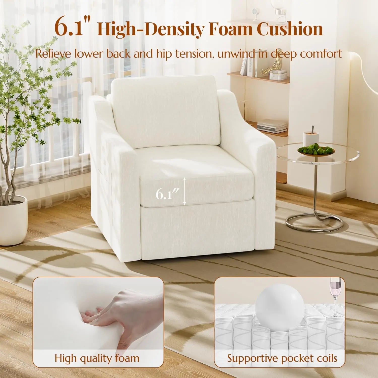 Pair of white 360-degree swivel upholstered armchairs with cushioned seats in a modern living room.