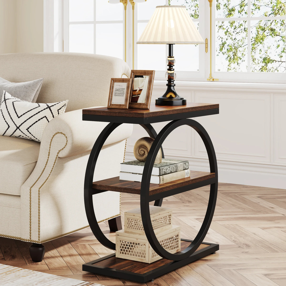 Tribesigns Narrow Industrial End Table With Three Storage Shelves