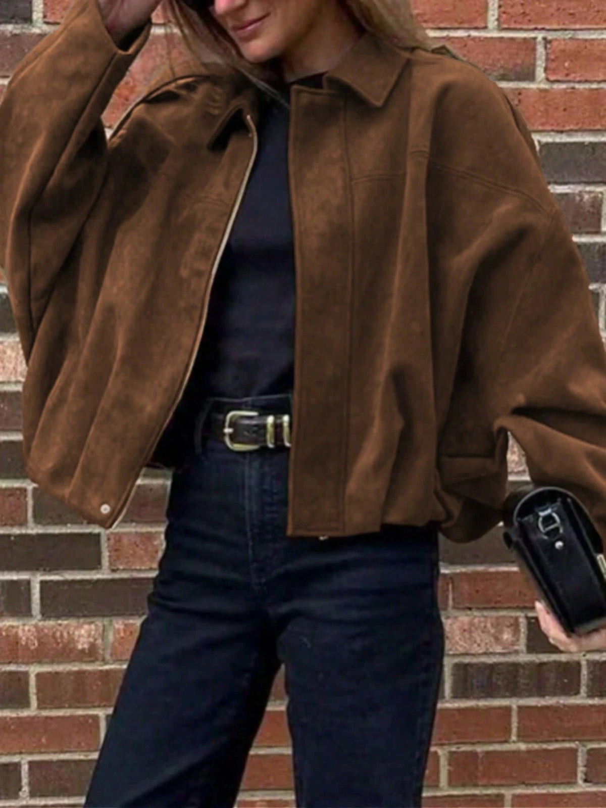Womens Vintage Suede Casual Streetwear Jacket With Zipper Closure