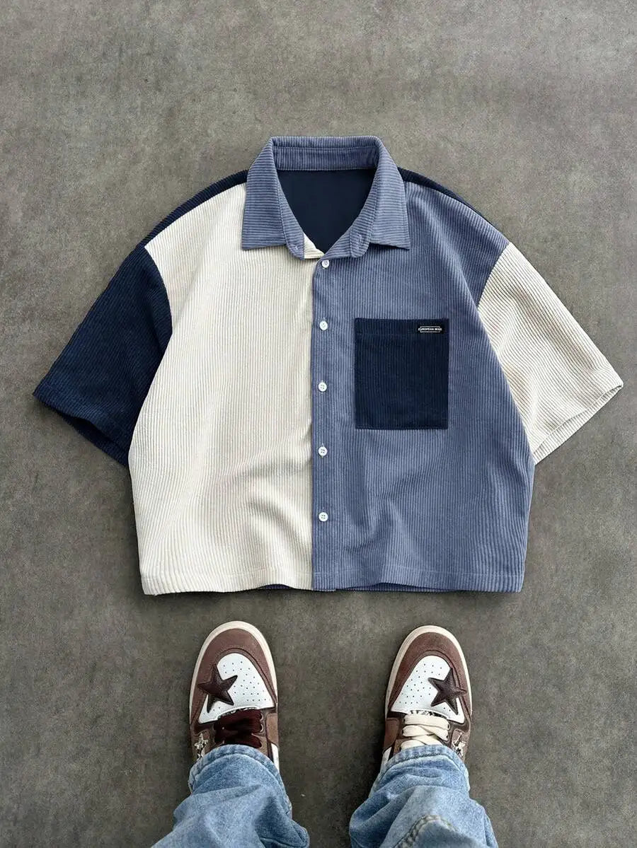 Men Patchwork Corduroy Short Sleeve Shirt Casual Daily Wear