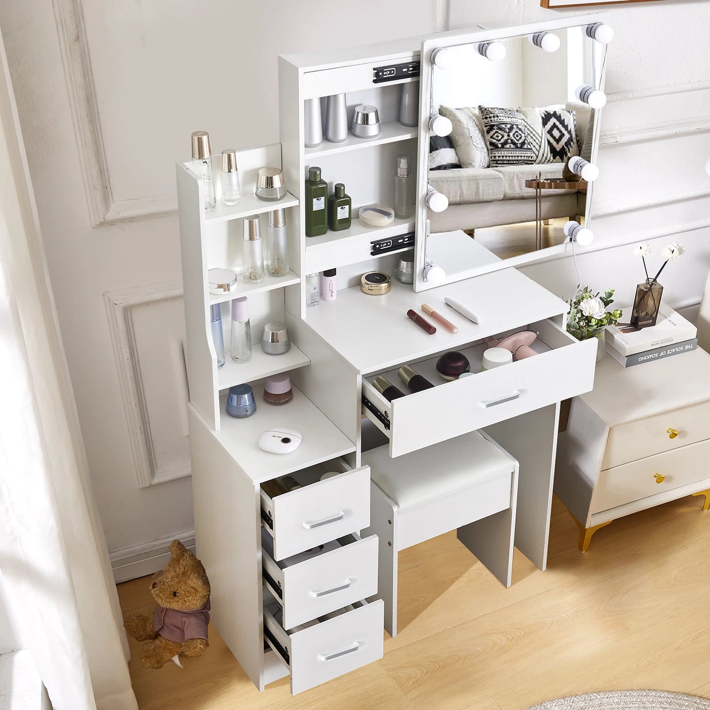Yamissi LED Vanity Desk With Sliding Mirror 4 Drawer