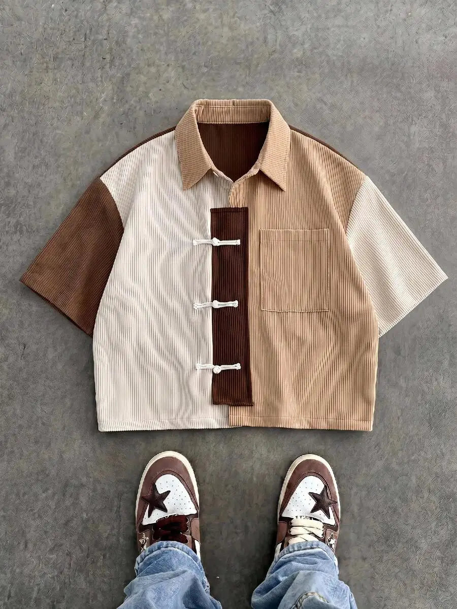 Men Patchwork Corduroy Short Sleeve Shirt Casual Daily Wear