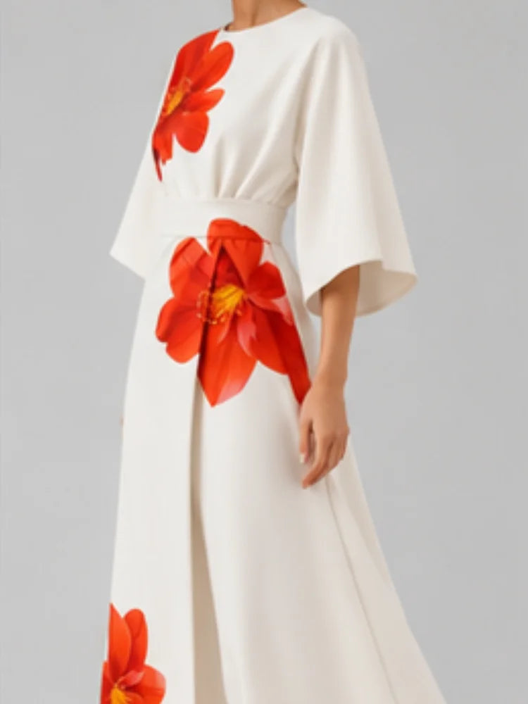 Tie Dye Satin Dress With Puff Sleeves And Belt Detail