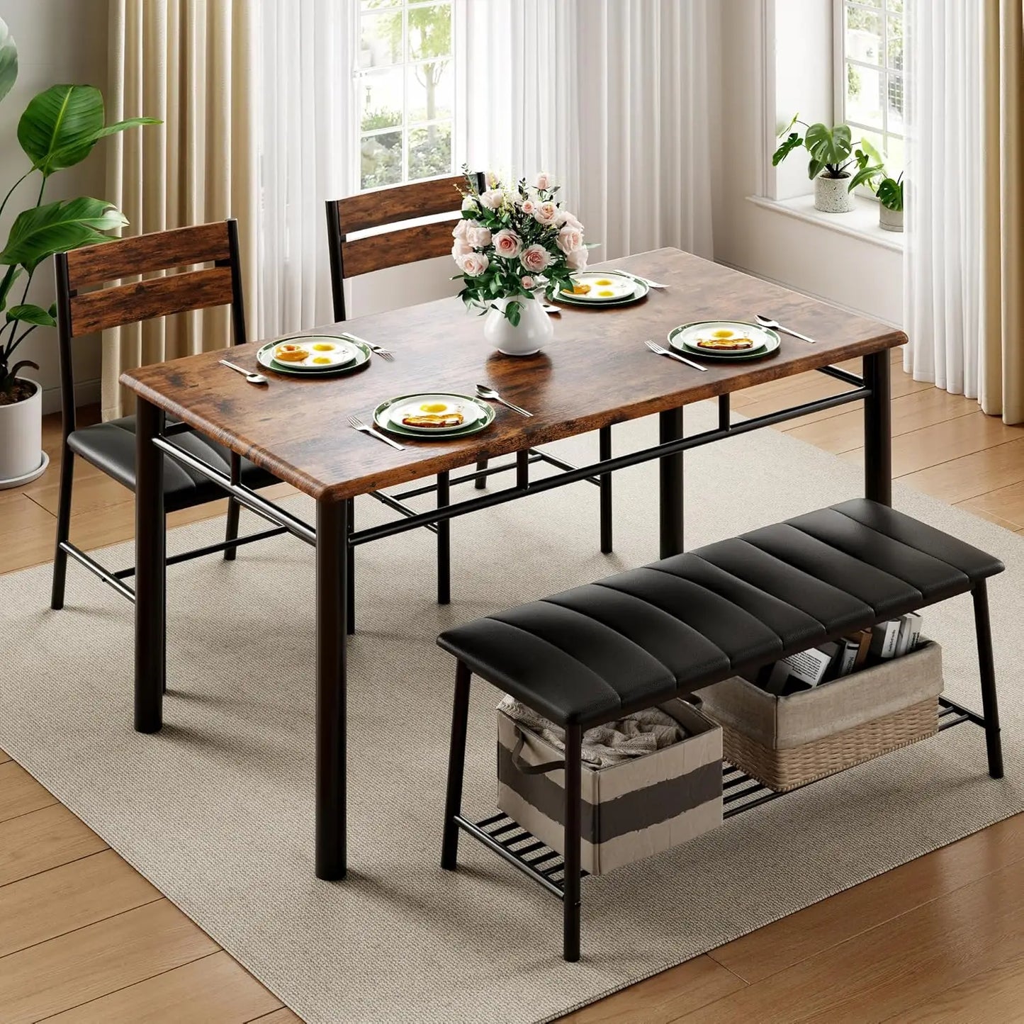 IRONCK Dining Table Set With Upholstered Bench And Two Chairs