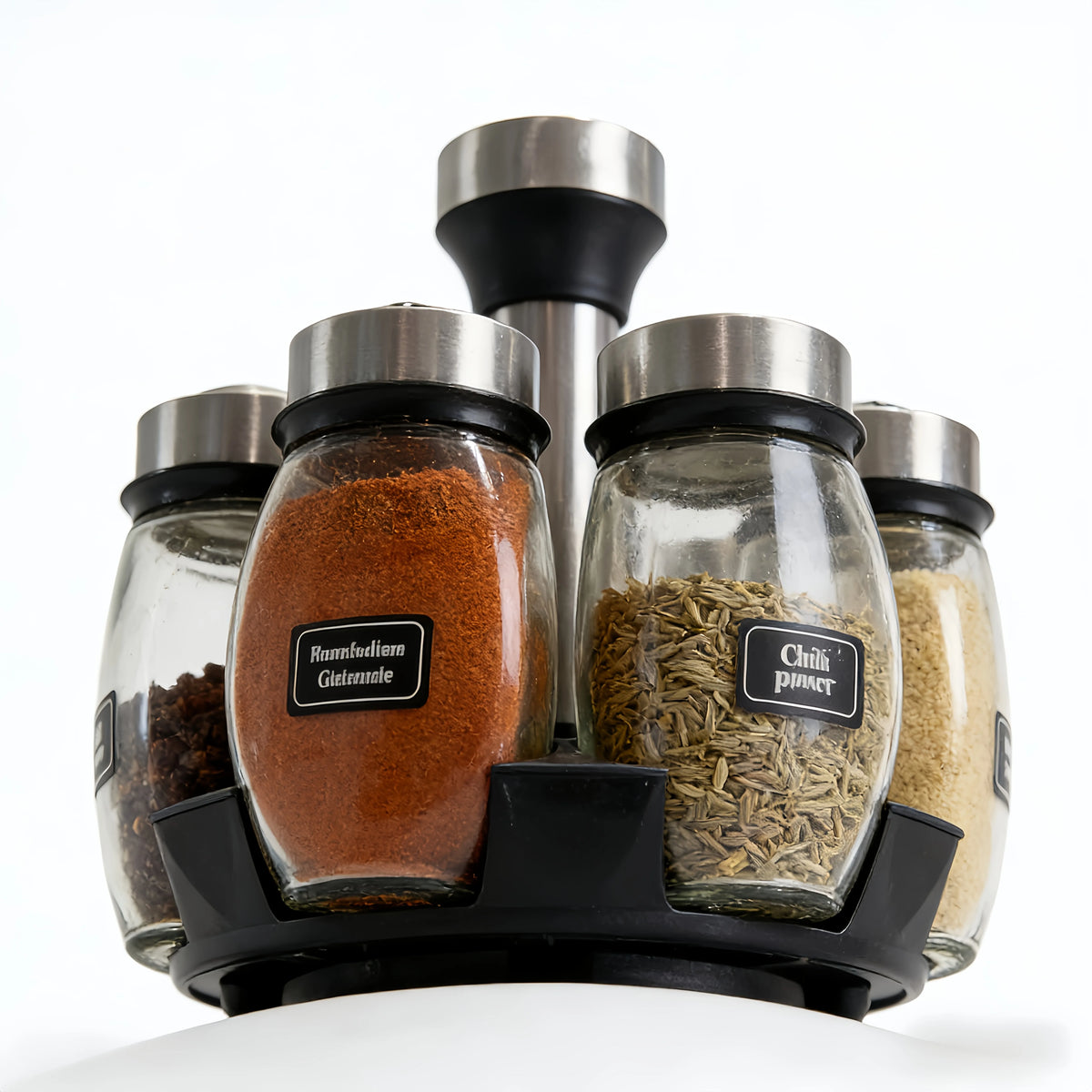 Rotating Spice Rack With Glass Jars And Blank Labels