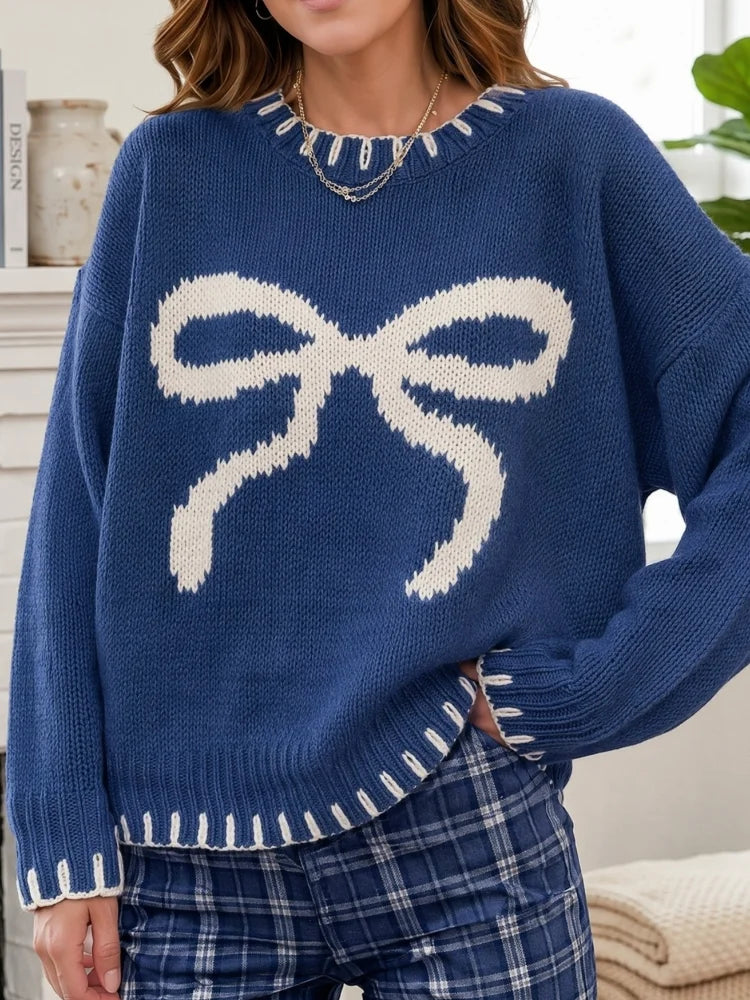 Women's Bow Tie Knit Sweater With Contrasting Stitching