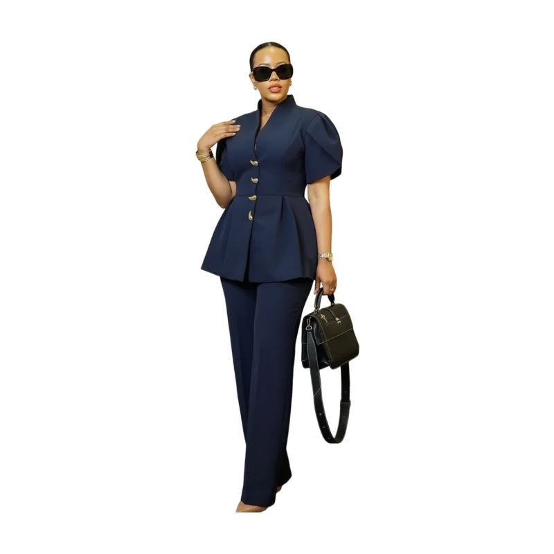 Women's Stand Collar Puff Sleeve Peplum Top And Pants Suit