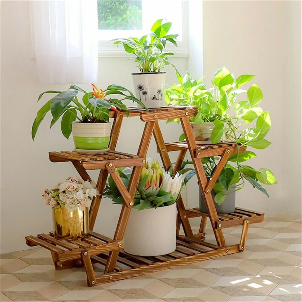 Six Tier Wooden Corner Plant Stand Indoor Outdoor Display Rack