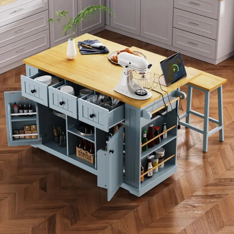 Mobile Kitchen Island With Folding Tabletop And Storage Shelves