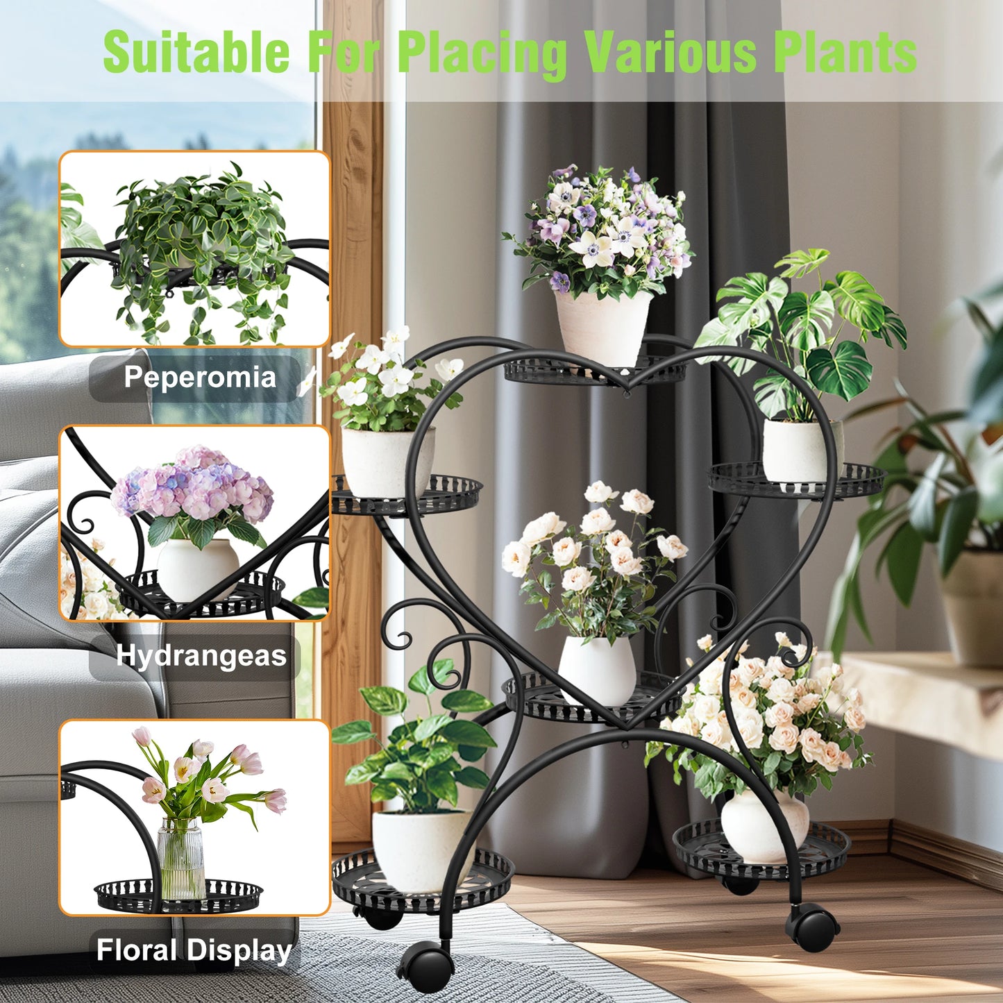 Wisfor 6 Tier Heart Shape Rolling Metal Plant Stand Rack