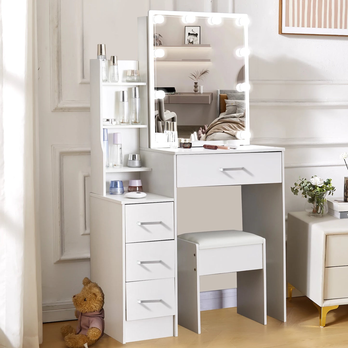 Yamissi LED Vanity Desk With Sliding Mirror 4 Drawer