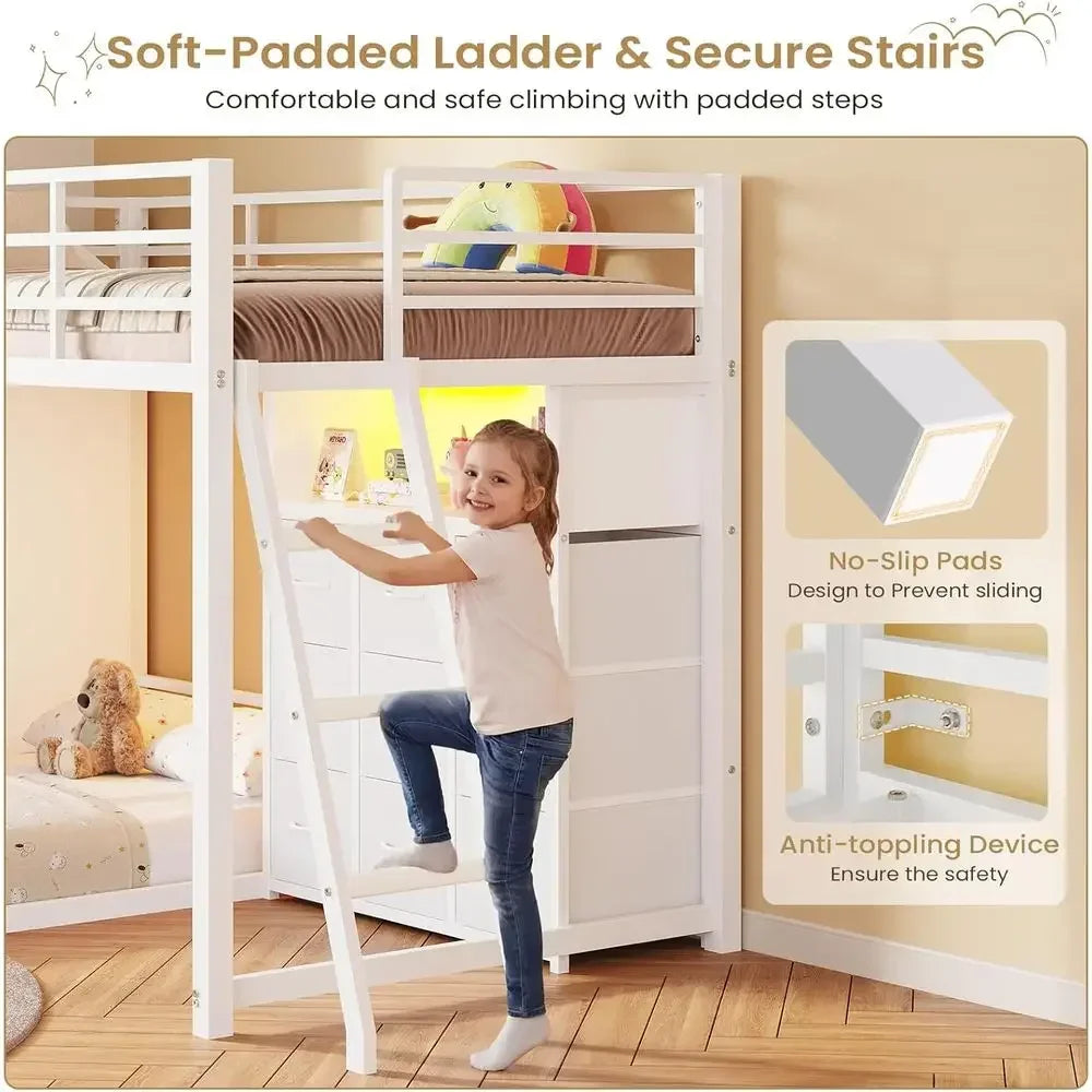 Twin Over Twin L-Shaped Bunk Bed With Storage Drawers And LED Play Area