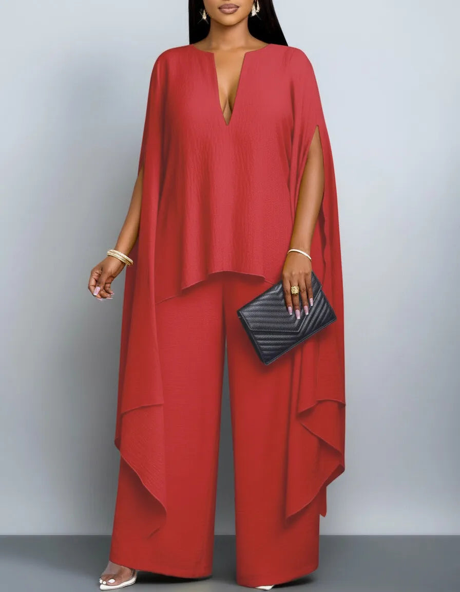 Women's Cape Sleeve Top Wide Leg Pants Two Piece Set