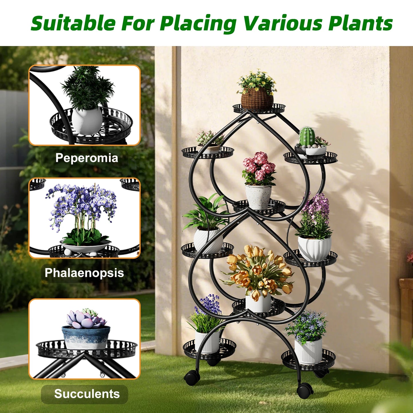 Nine Tier Metal Plant Stand With Wheels For Patio And Garden