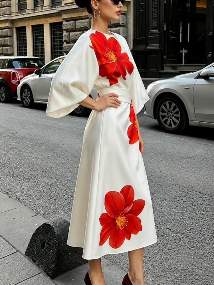 Tie Dye Satin Dress With Puff Sleeves And Belt Detail