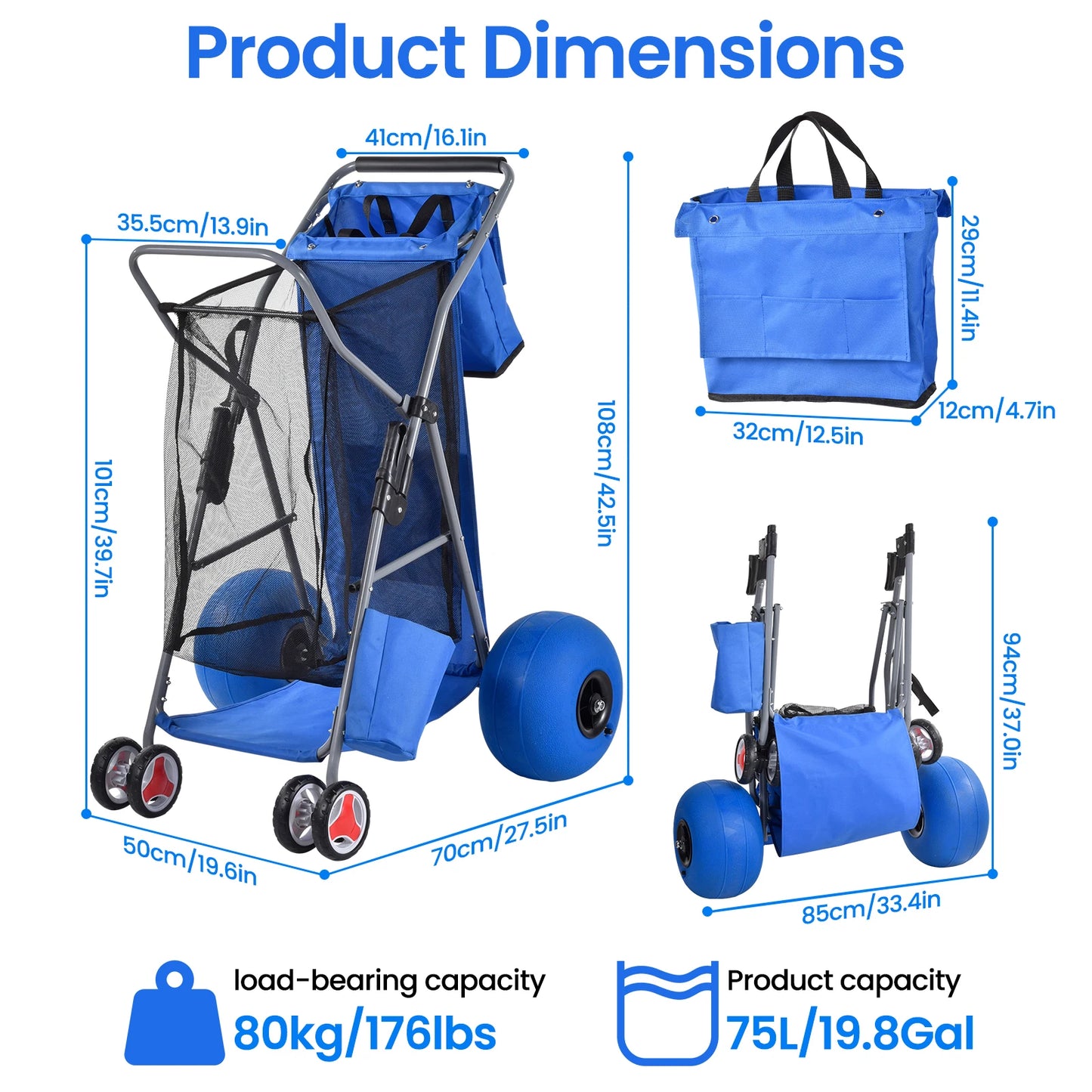 Foldable Beach Wagon Cart With Terrain Wheels 176 Lbs Capacity
