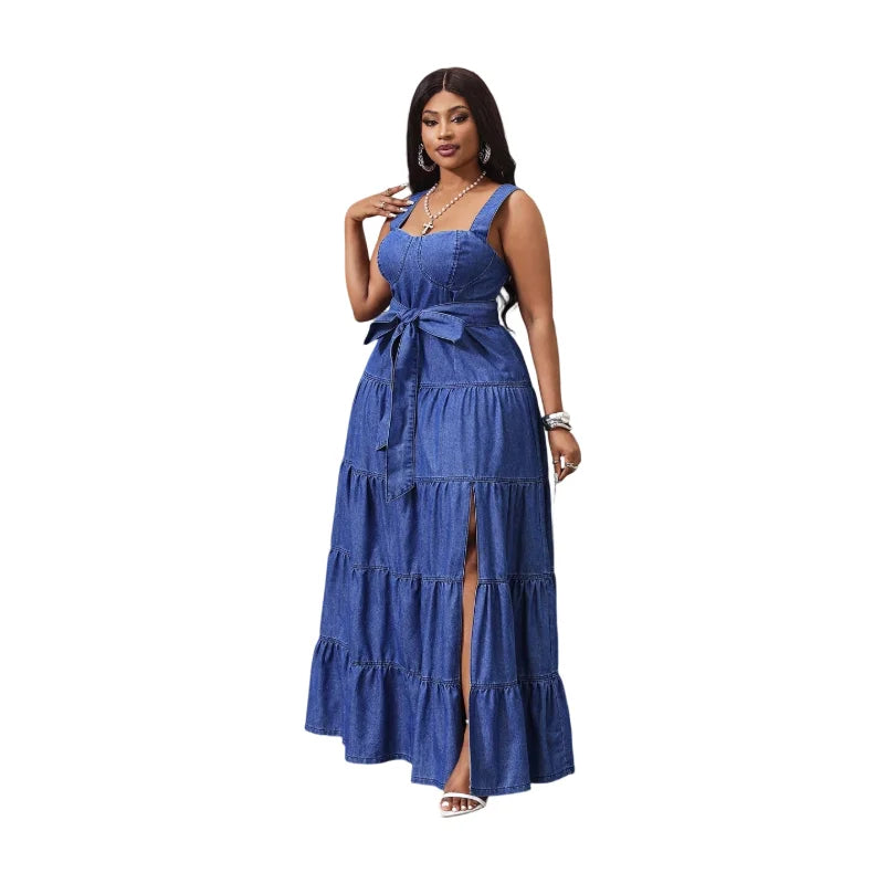 Women Square Neck Sleeveless Tiered Maxi Dress With Front Slit