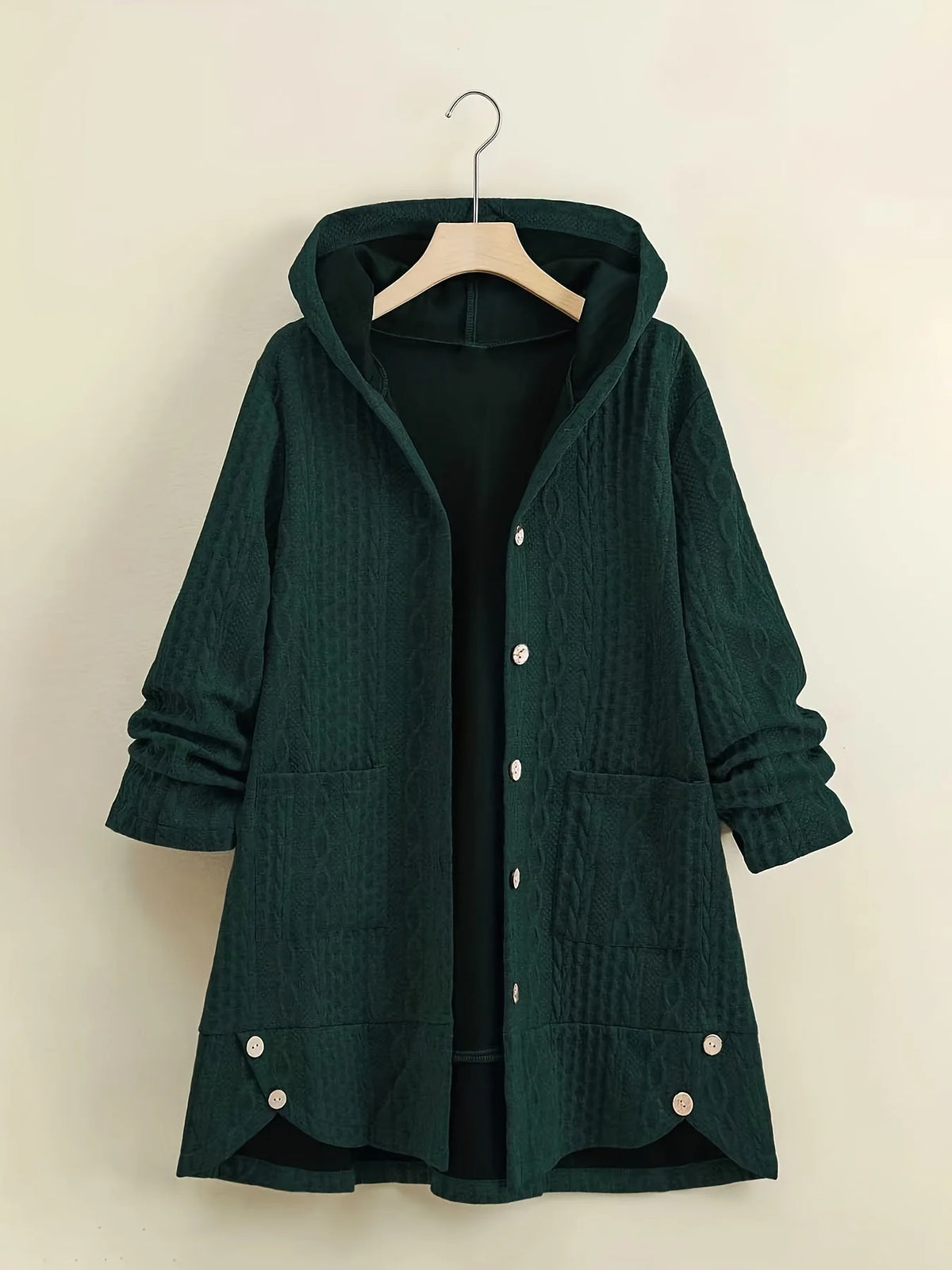 Curvy Cable Knit Hooded Button Front Cardigan With Side Pockets