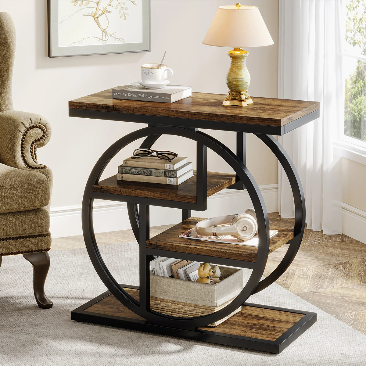 Tribesigns Narrow Industrial End Table With Three Storage Shelves