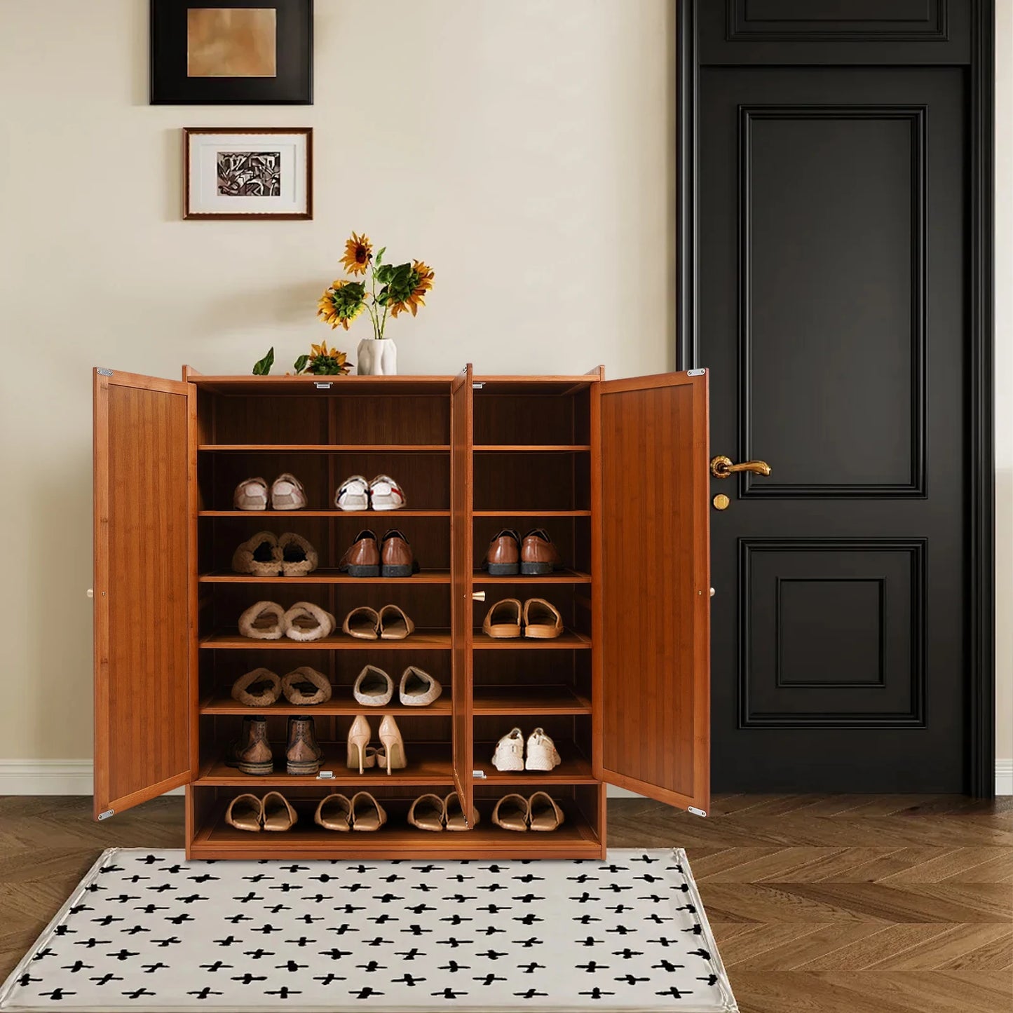 Natural Bamboo Shoe Cabinet With 3 Folding Doors And Partitions