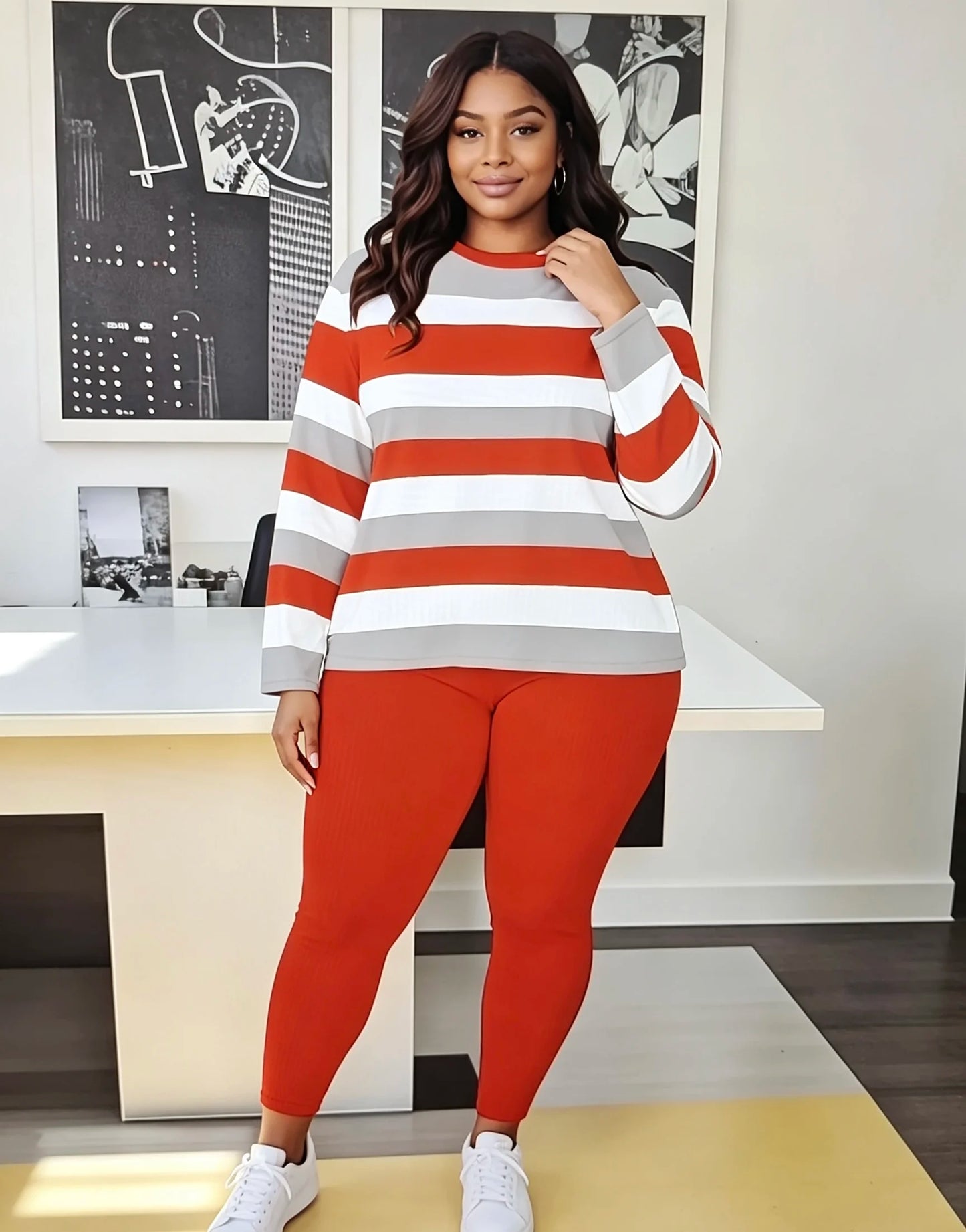 Women's Long Sleeve Two Piece Set Ribbed Pants Casual Loungewear