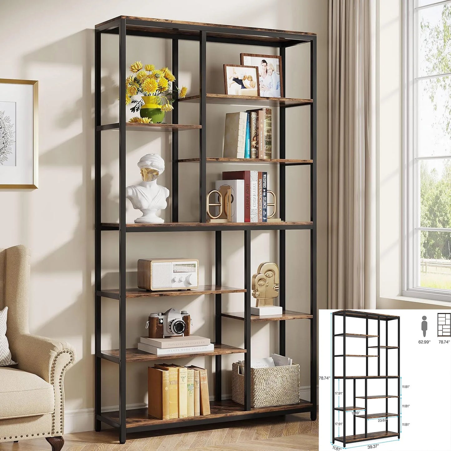 Little Tree Industrial 5-Tier Etagere Bookcase For Living Room Display