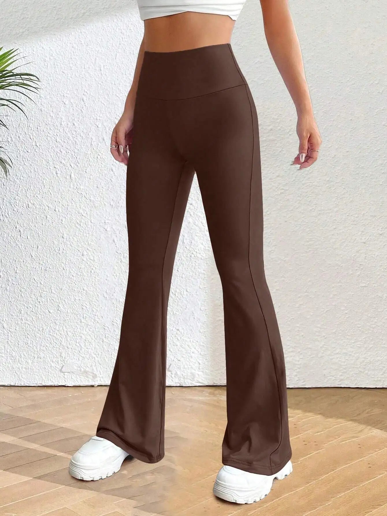Solva Solid Flare Leg Pants For Women Elastic Waist Yoga