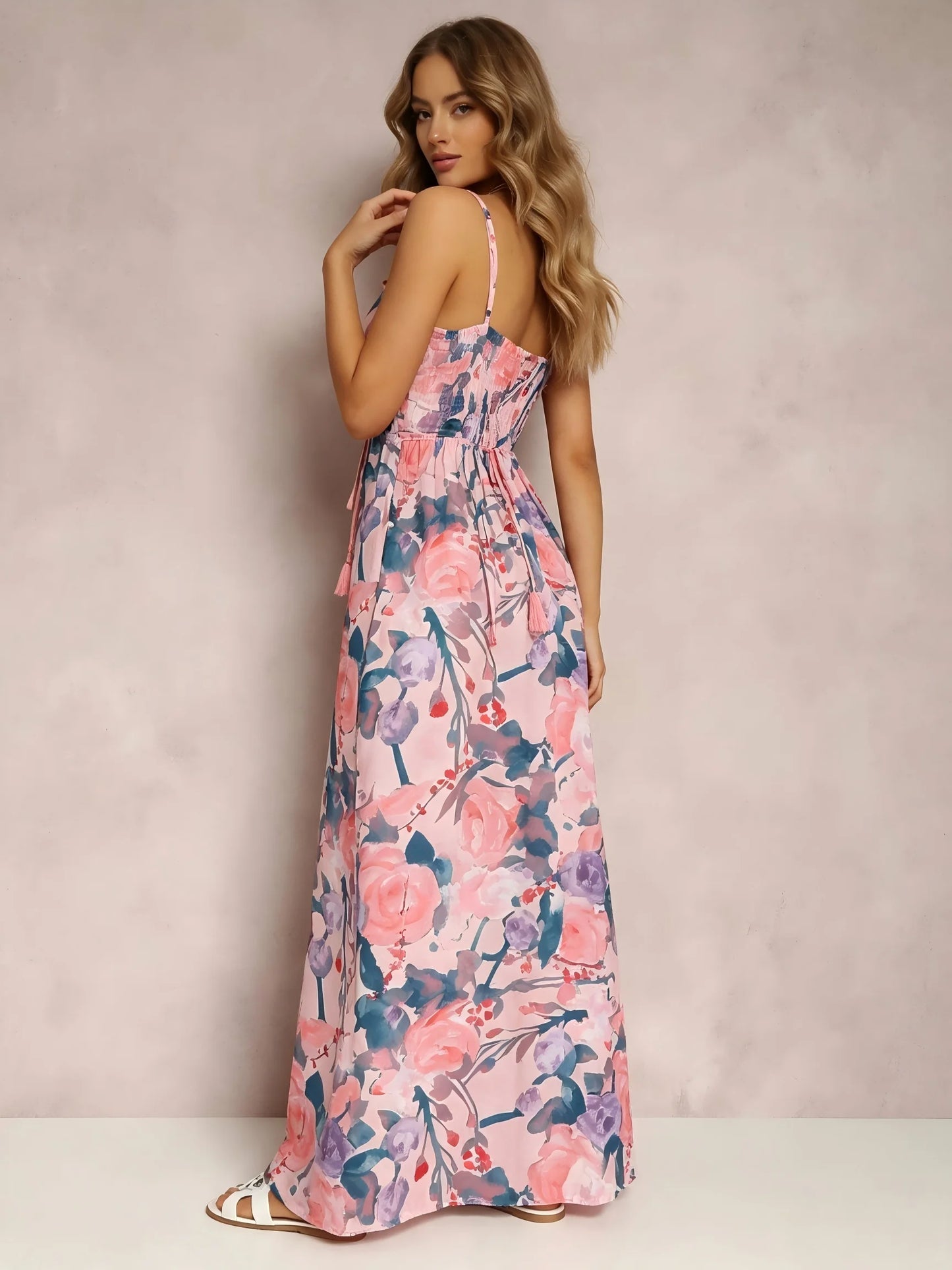 Women Watercolor Floral Maxi Dress V Neck Summer Beach Sundress