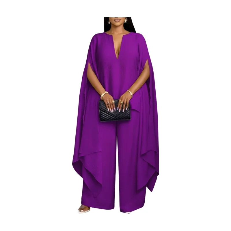 Women's Cape Sleeve Top Wide Leg Pants Two Piece Set