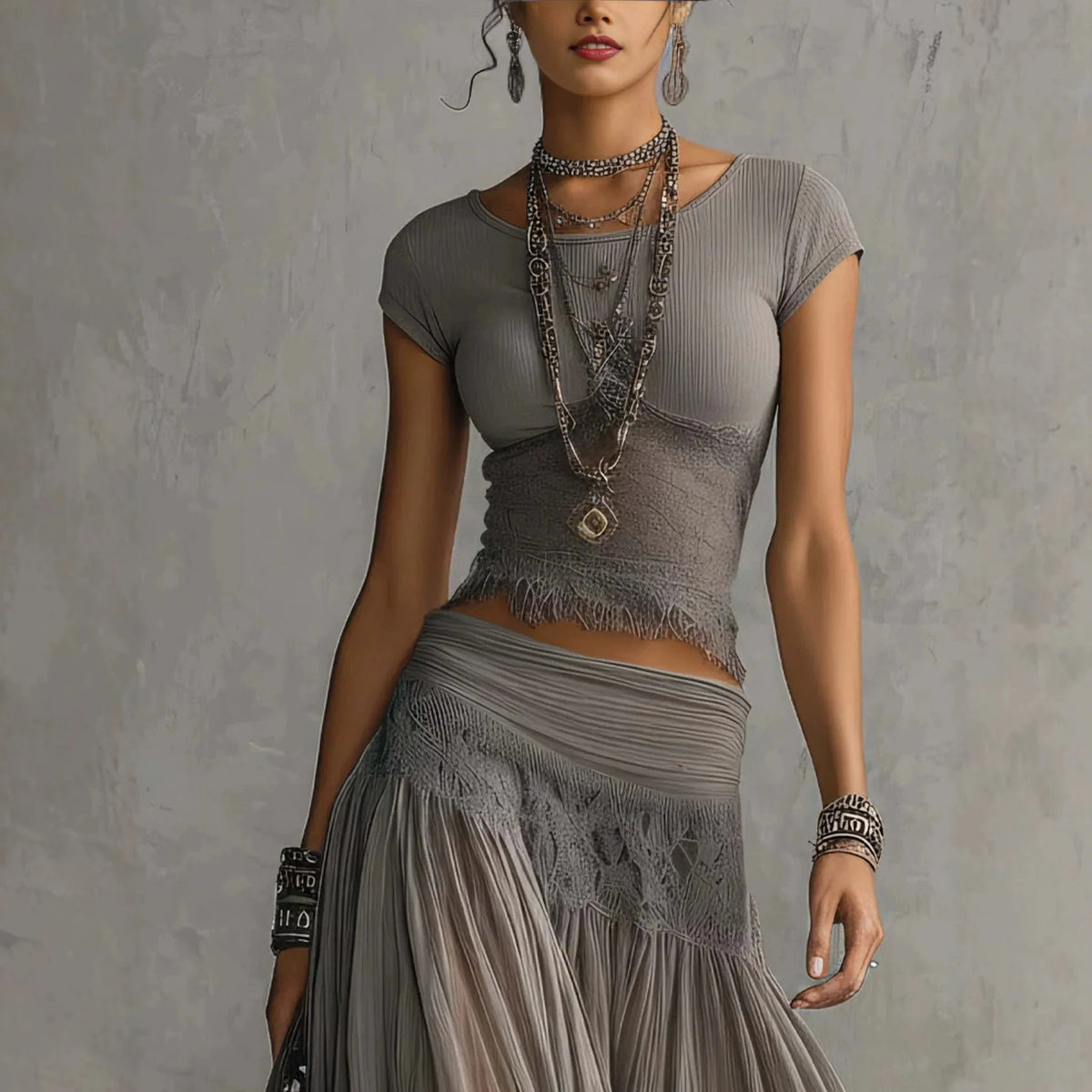 Women's Knit Top And Chiffon Dress Two Piece Fashion Set