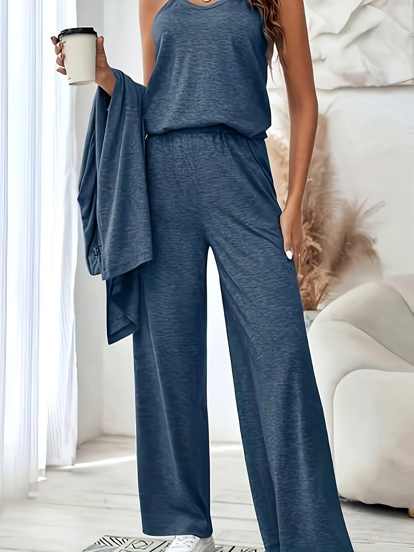 Women's Knit Three Piece Relaxed Loungewear Set With Pants