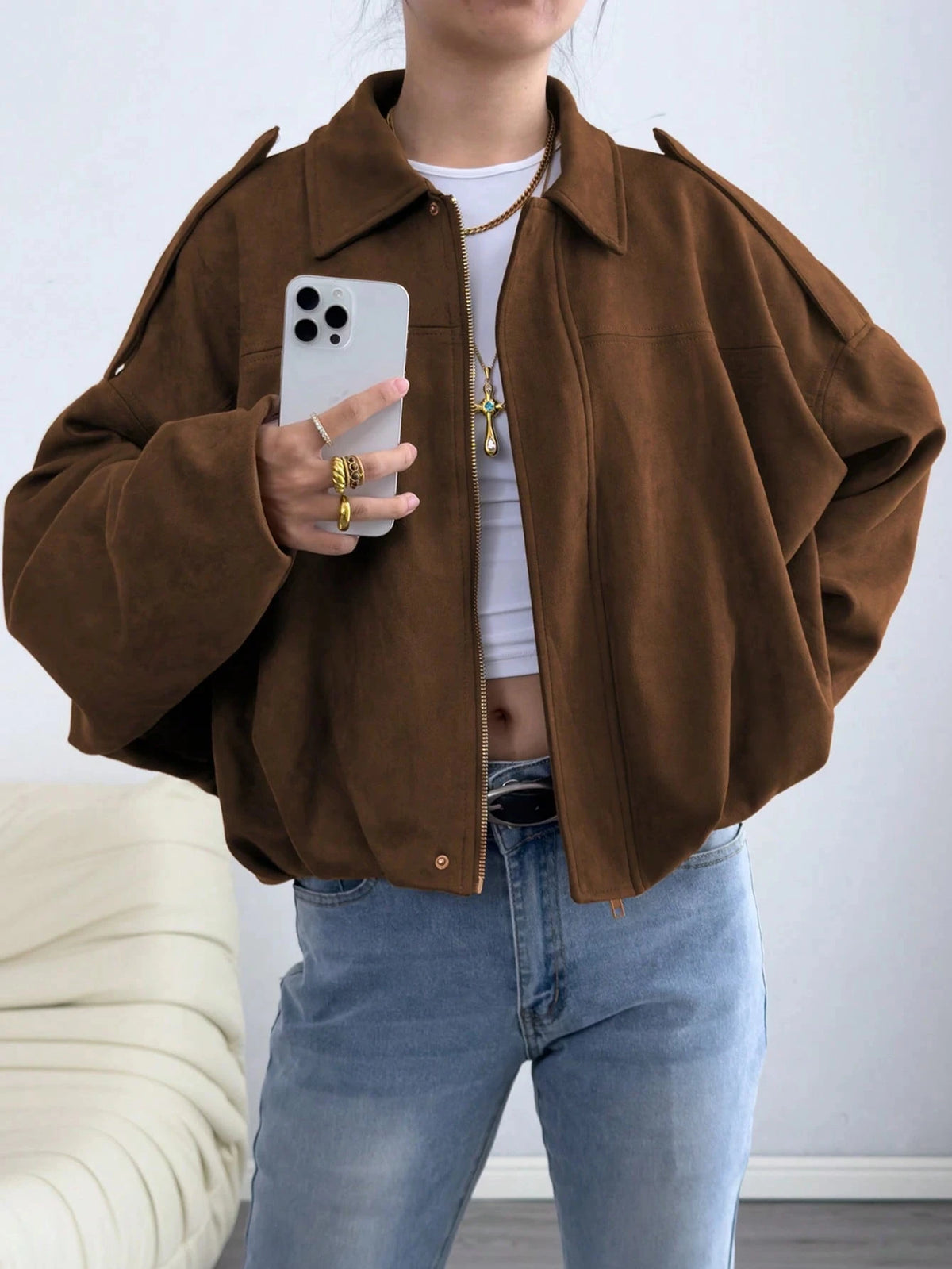 Womens Vintage Suede Casual Streetwear Jacket With Zipper Closure