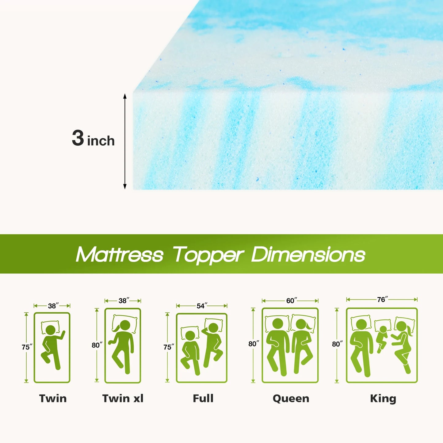 JHK Gel Cooling Memory Foam Mattress Topper Soft Breathable