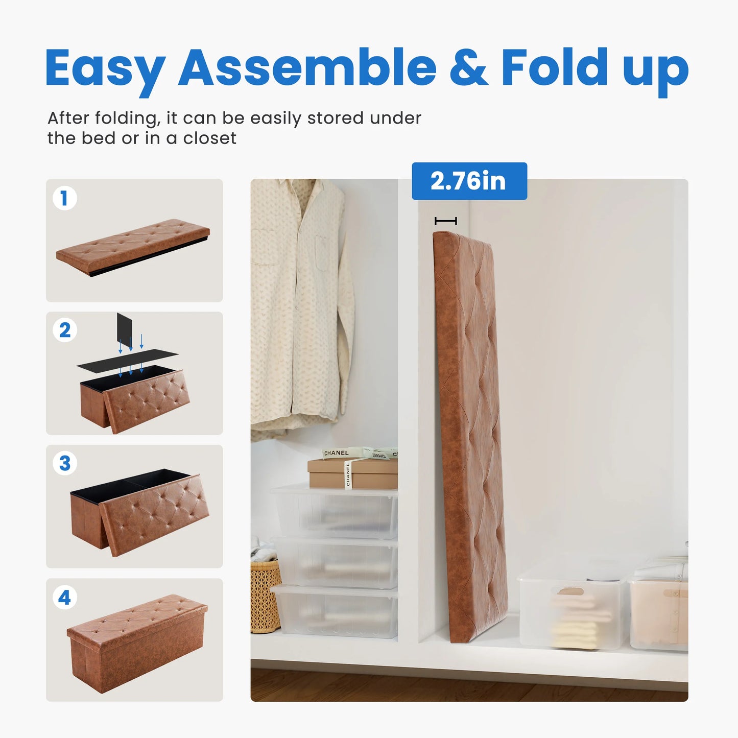 MCQ Foldable Faux Leather Storage Ottoman With Seat Cushion
