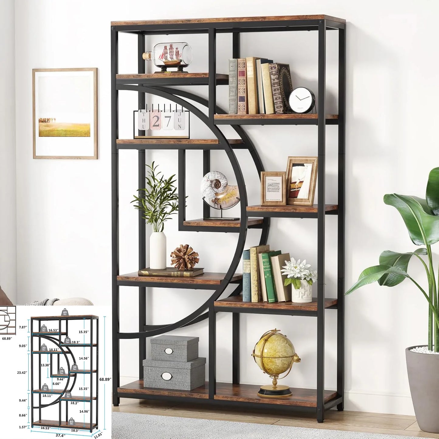 Little Tree Industrial 5-Tier Etagere Bookcase For Living Room Display