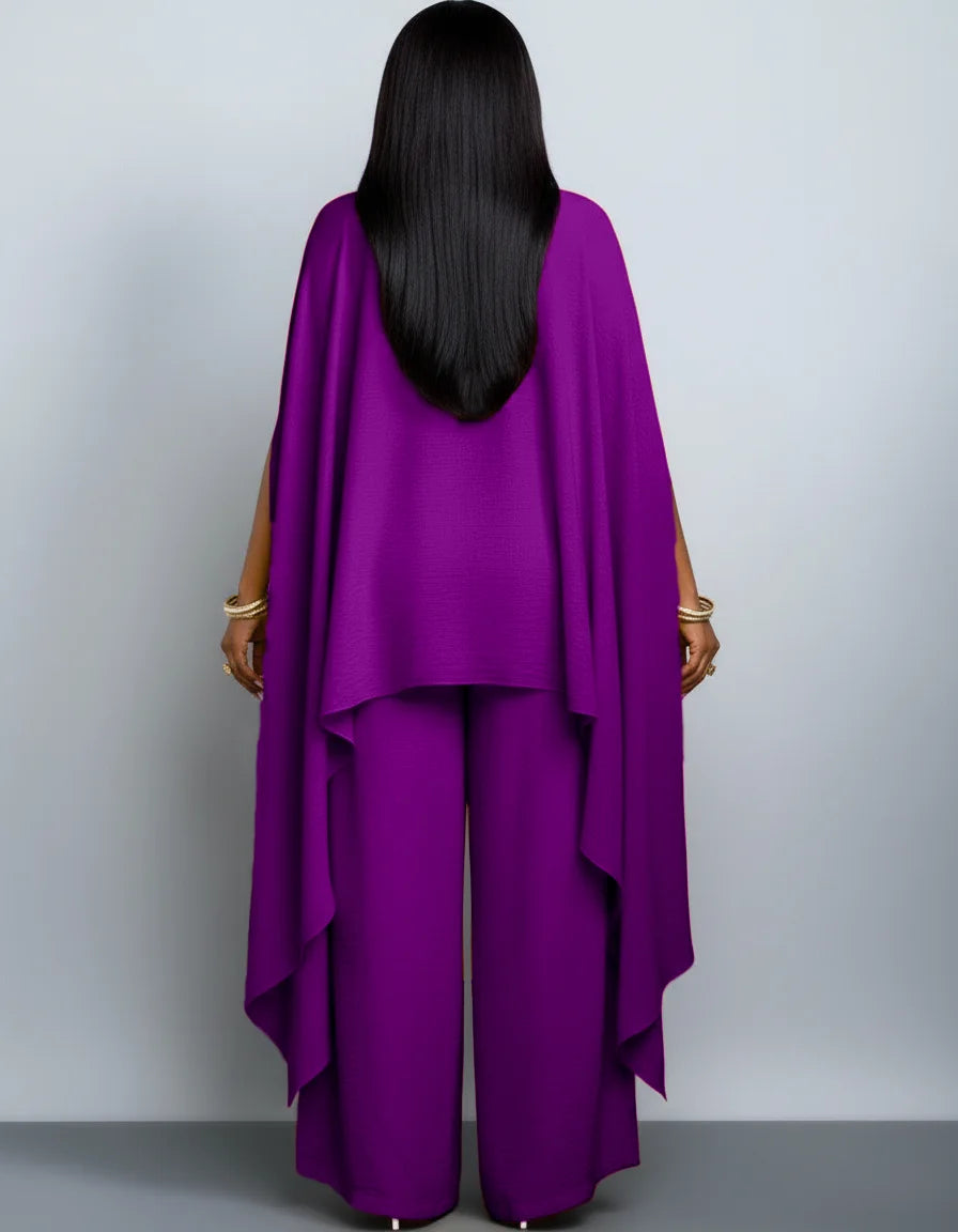 Women's Cape Sleeve Top Wide Leg Pants Two Piece Set