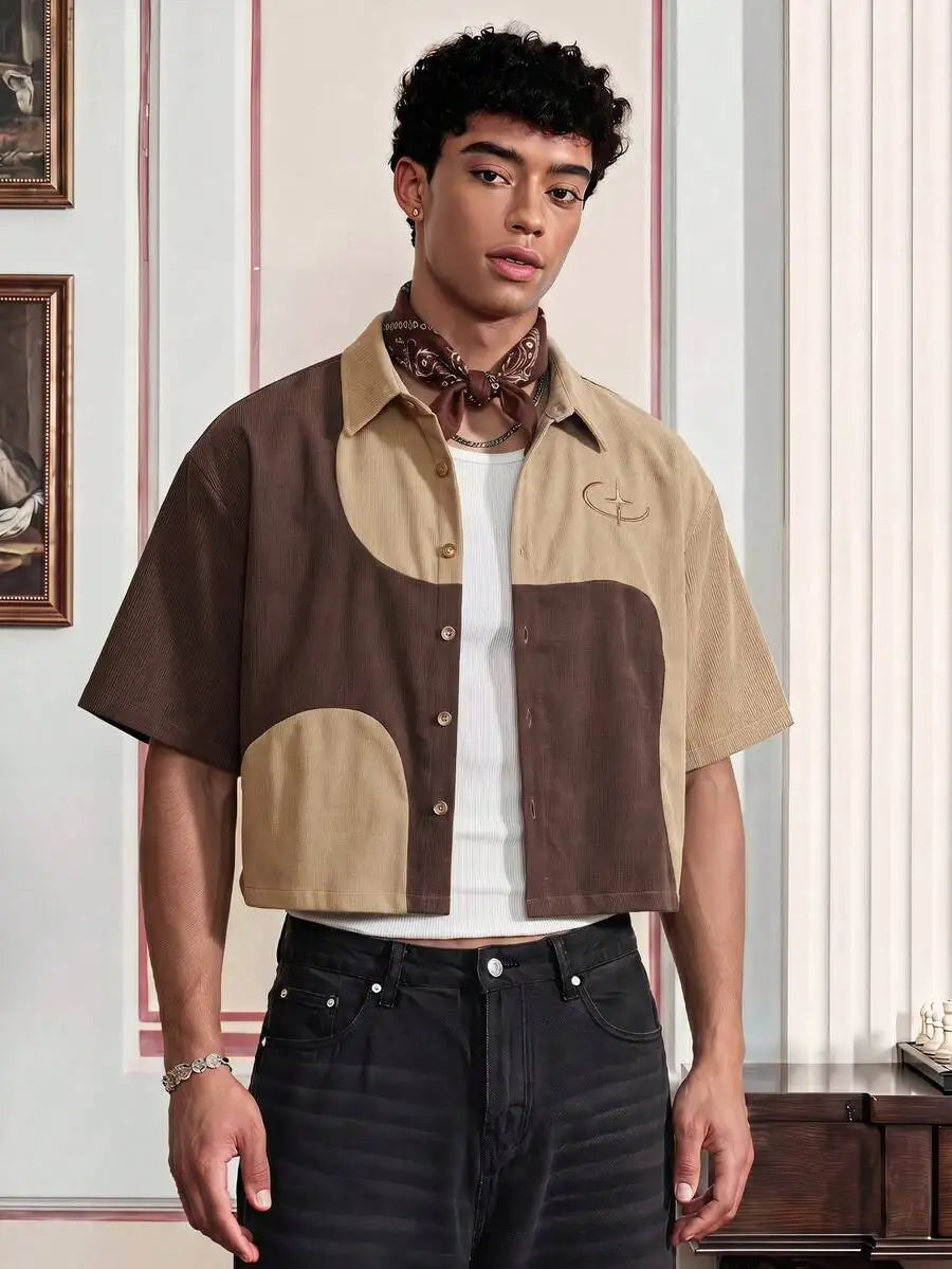 Men Patchwork Corduroy Short Sleeve Shirt Casual Daily Wear