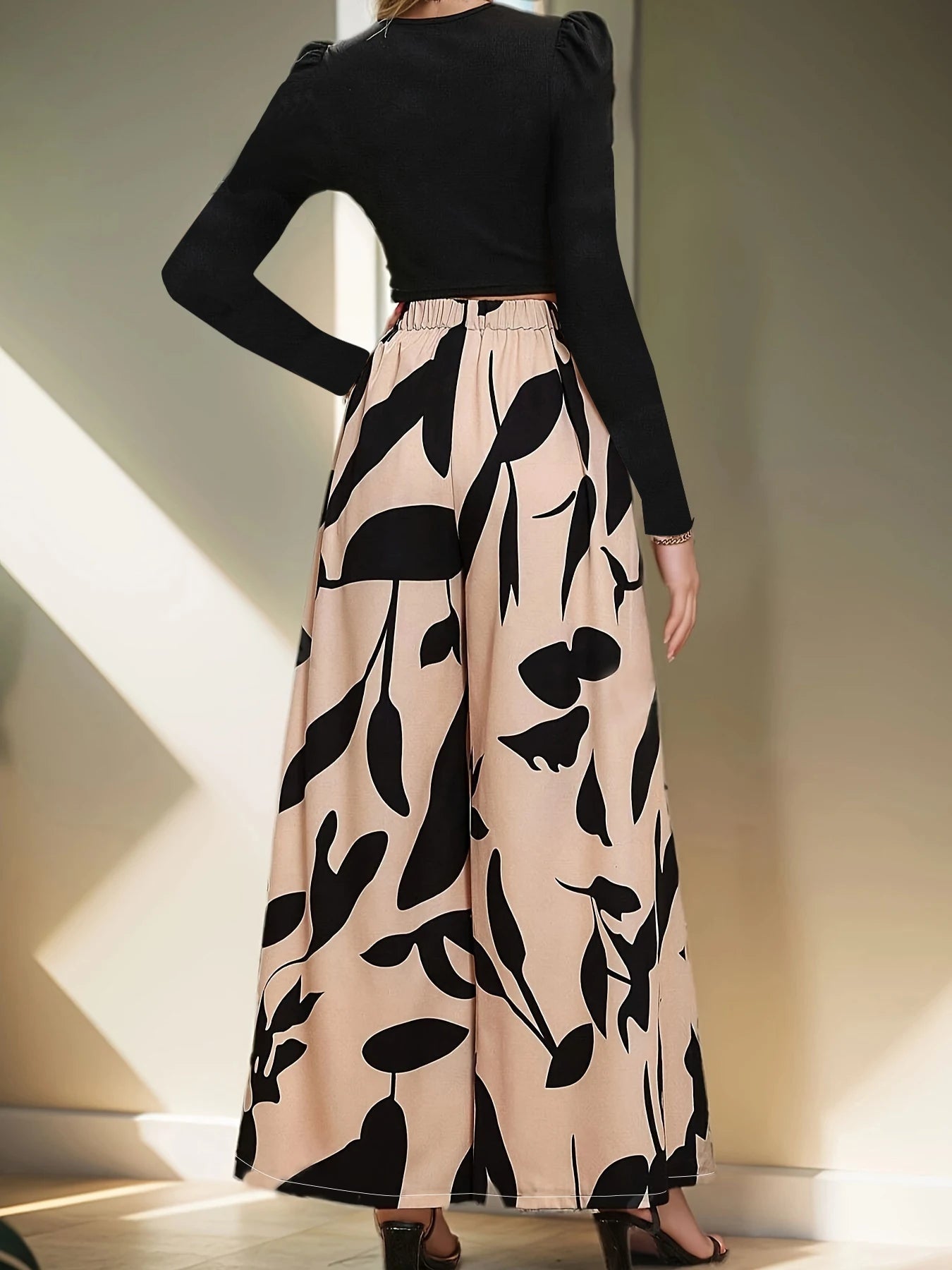 Women High Waist Floral Wide Leg Pants Casual Polyester Trousers