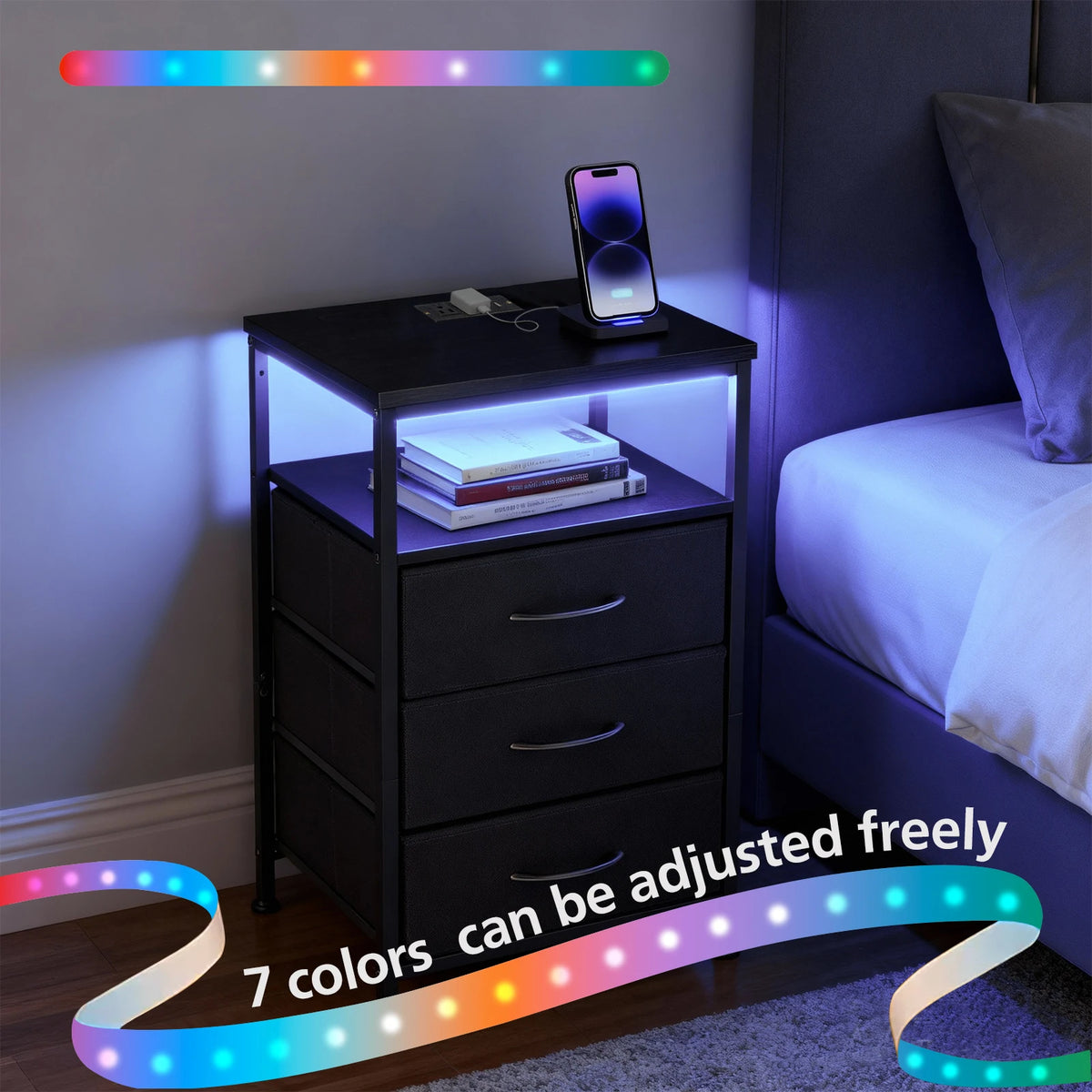 JHK Bedside Nightstand With Charging Station And USB Ports