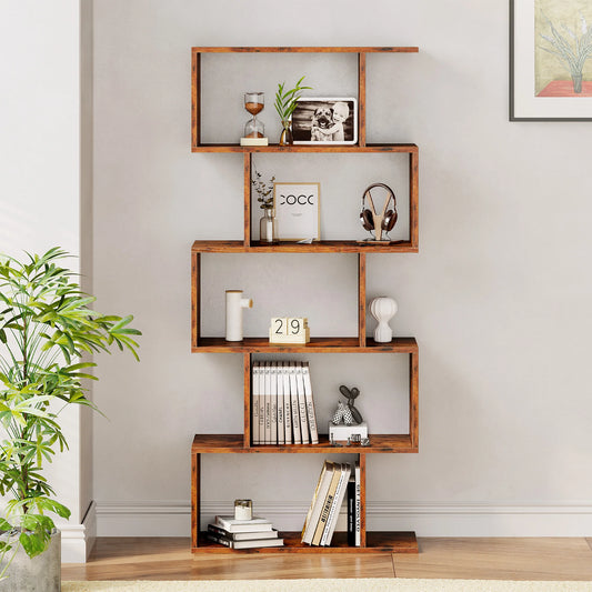 JHK Geometric 5-Tier S-Shaped Wood Bookcase For Living Room Display