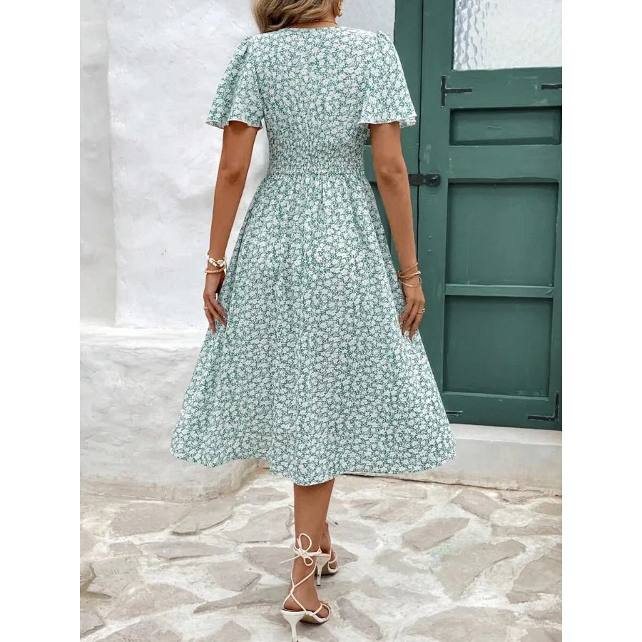 Womens Floral Print V Neck Ruffle Dress Short Sleeve