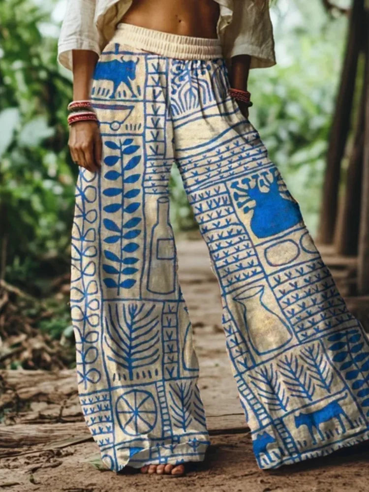 Women's Printed Wide-Leg Trousers High-Waist Bohemian Style
