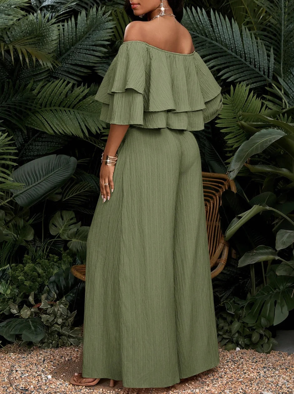 Women Off Shoulder Ruffle Crop Top Wide Leg Pants Set