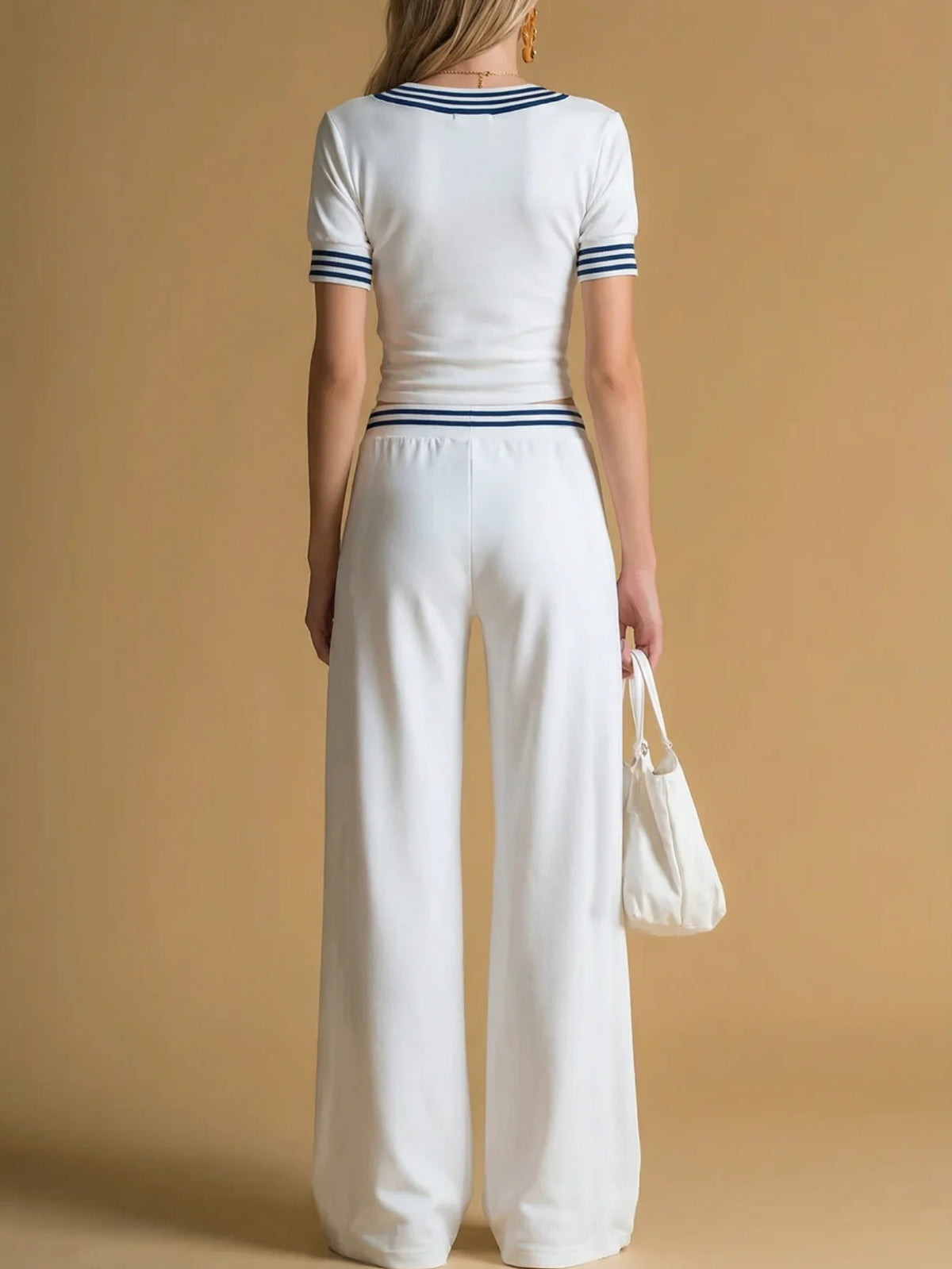 Women's V Neck Two Piece Set With Wide Leg Trousers