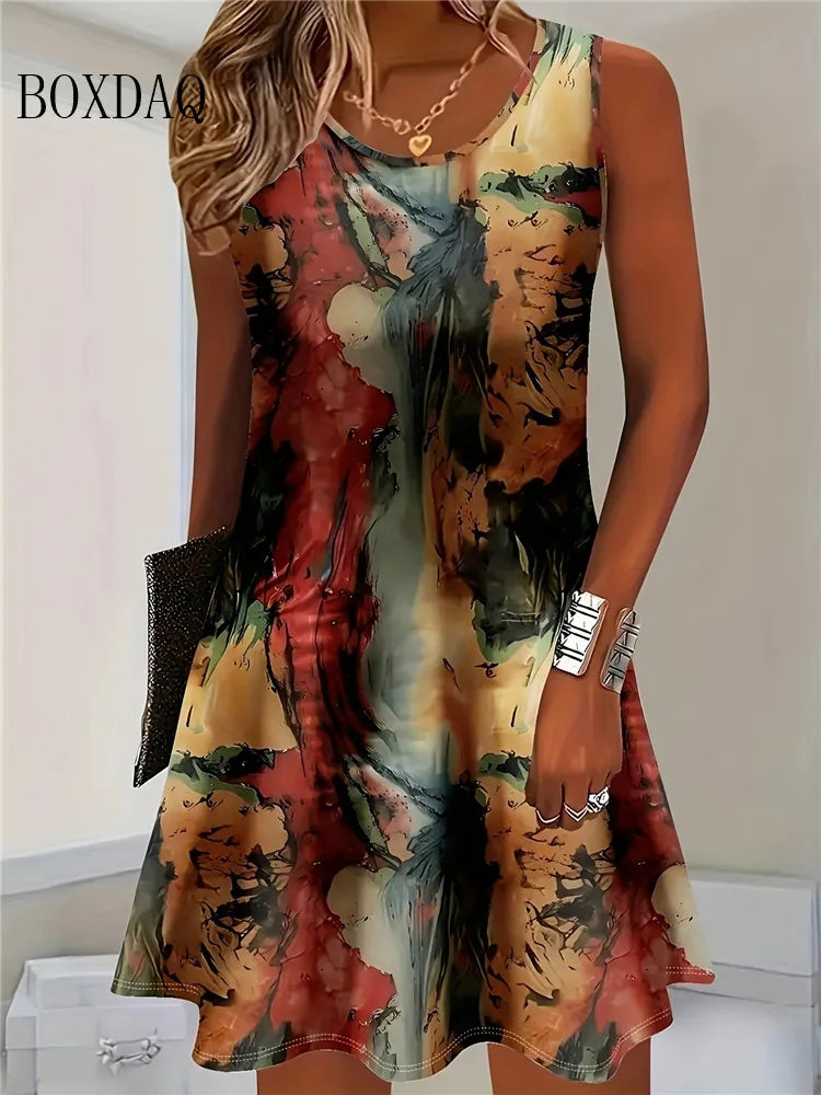 BOXDAQ Women Summer Sleeveless Bohemian Dress With Floral Print