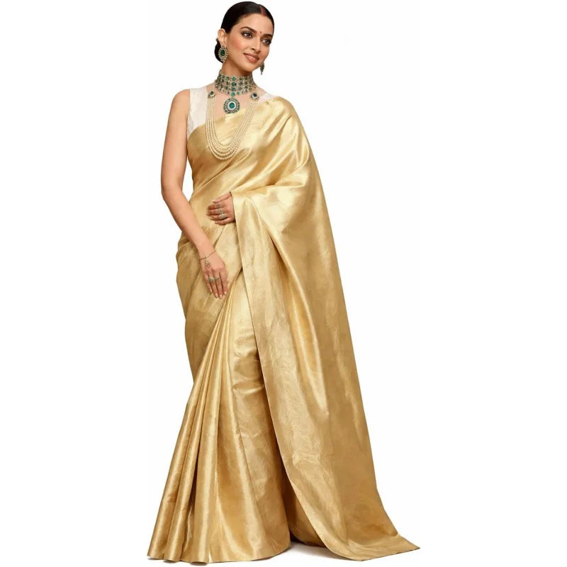 Women Golden Silk Banarasi Saree With Unstitched Blouse