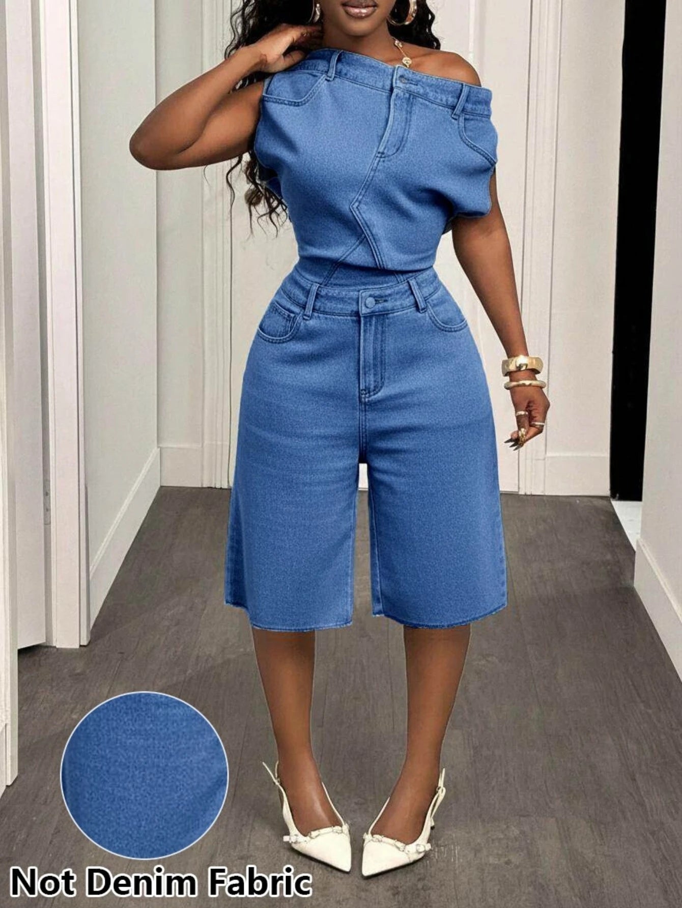 Women's Off Shoulder Sleeveless Top And Matching Shorts Set