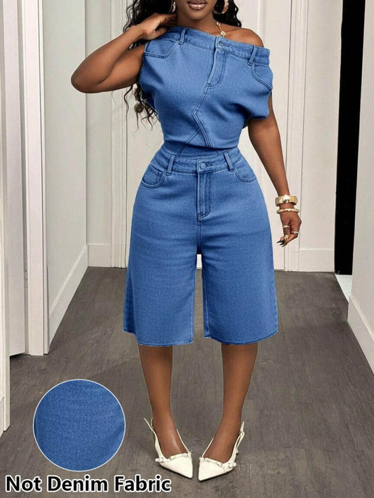 Women's Off Shoulder Sleeveless Top And Matching Shorts Set